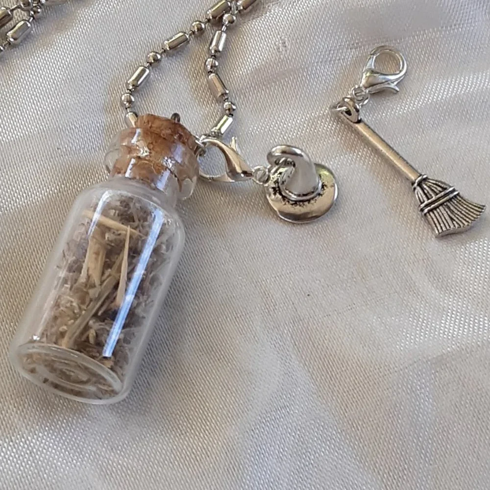 COPY- Wormwood Glass Bottle Necklace 3D Witch Hat Broom Zipper Pulls Handmade - Picture 6 of 7